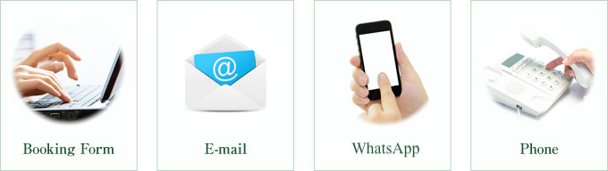 Booking Form, E-mail, Phone, or WhatsApp.